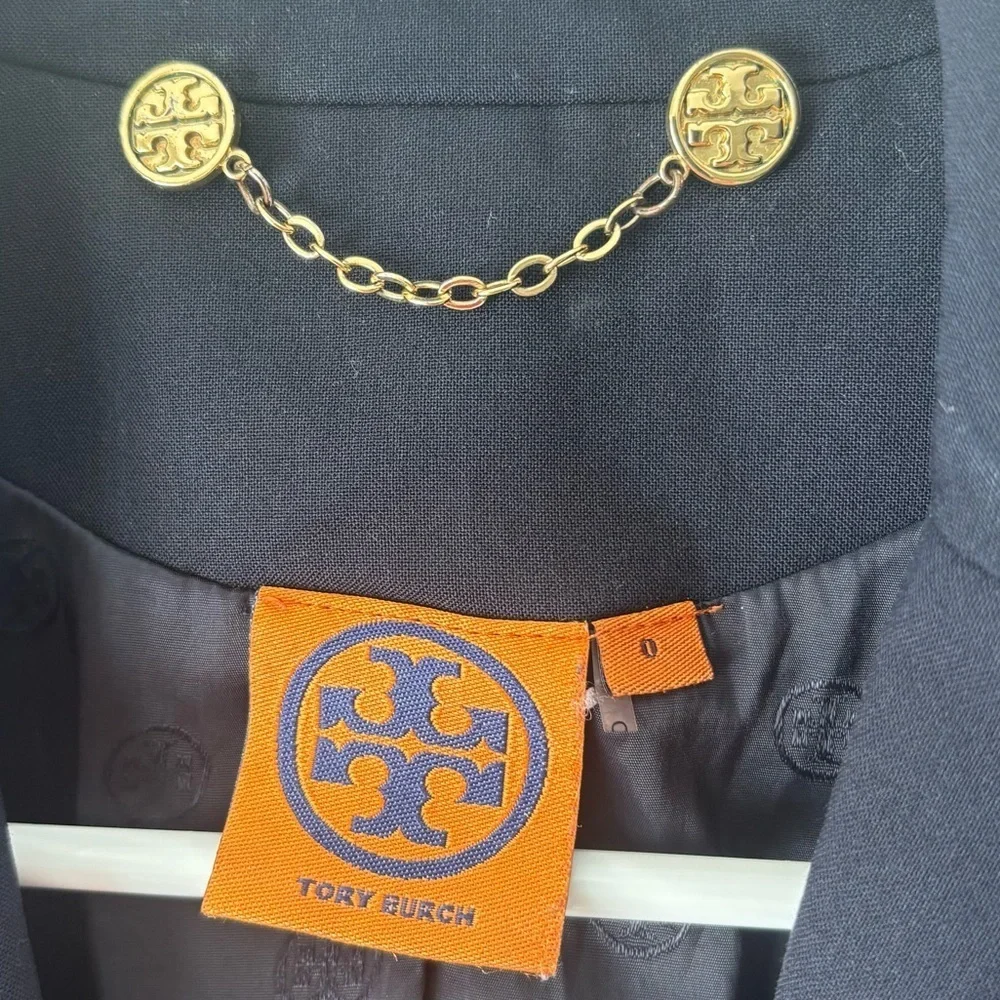 Tory Burch Navy Blue Wool Blend Blazer Gold Buttons Professional Business Career